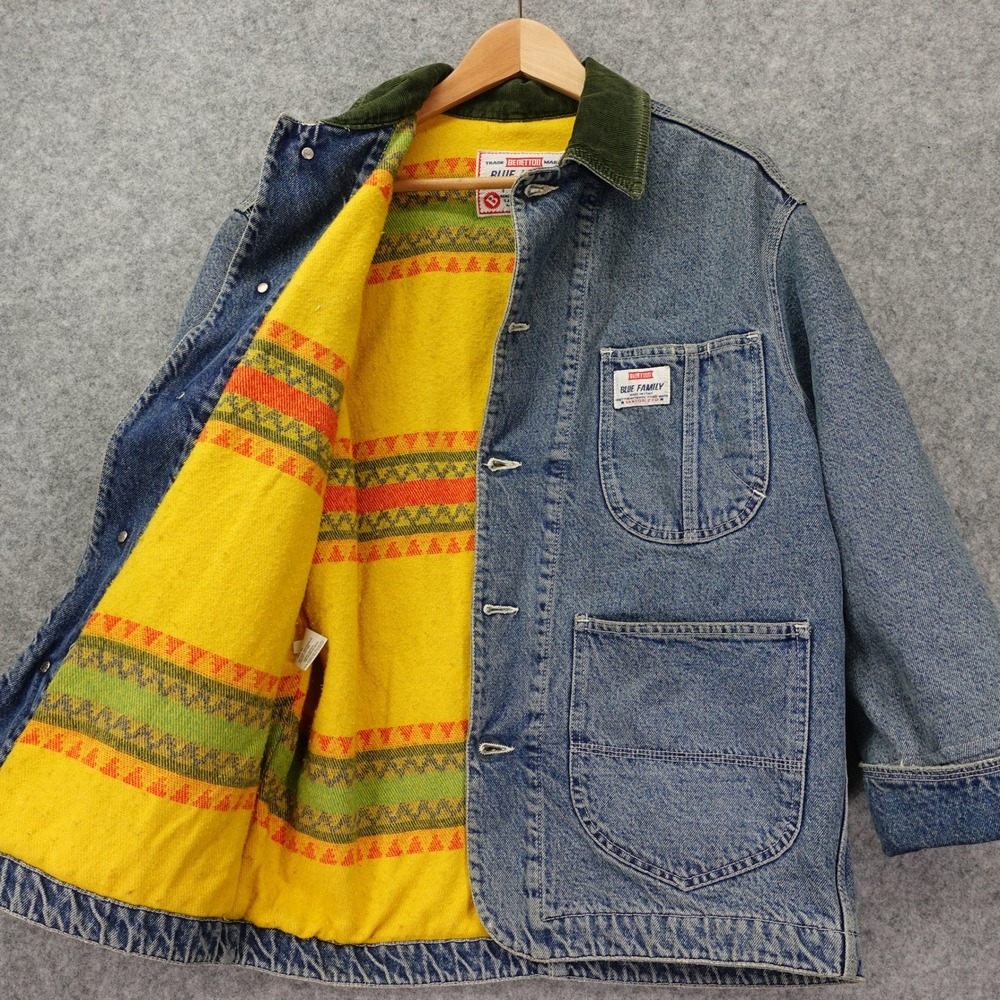 Vintage 80s Benetton Blue Family Chore Jacket Men M Denim Blanket Corduroy Italy